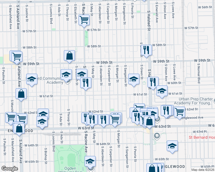 map of restaurants, bars, coffee shops, grocery stores, and more near 6034 South Carpenter Street in Chicago