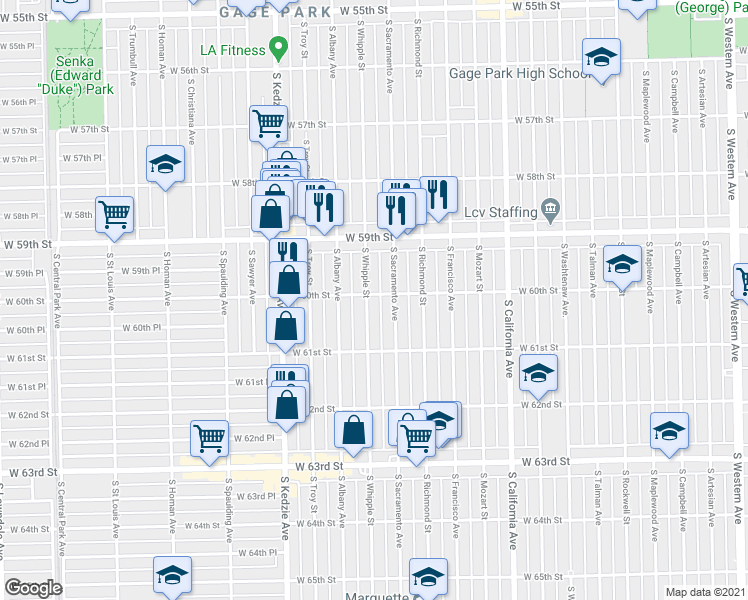 map of restaurants, bars, coffee shops, grocery stores, and more near 6016 South Sacramento Avenue in Chicago