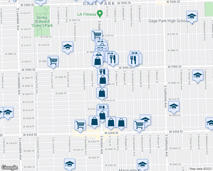 map of restaurants, bars, coffee shops, grocery stores, and more near 6013 South Troy Street in Chicago