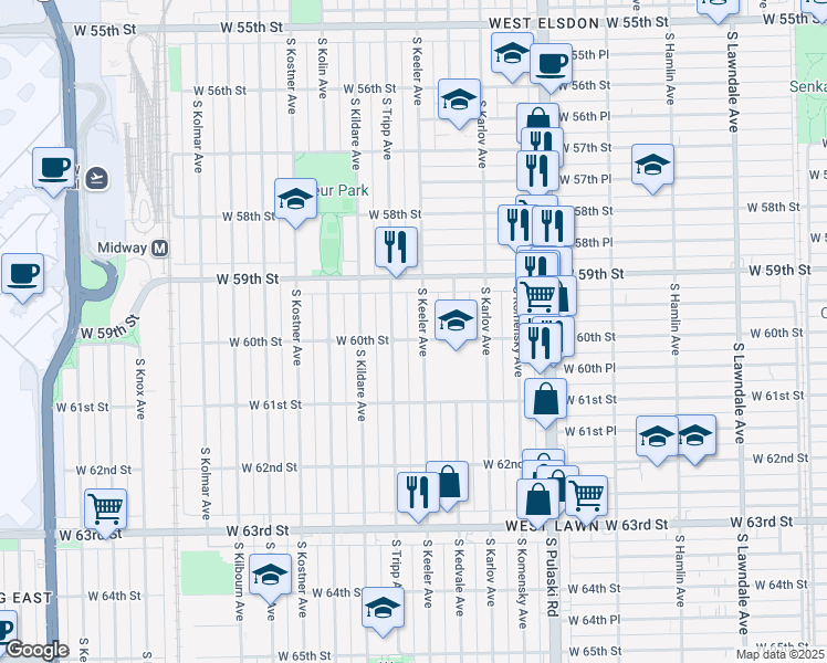 map of restaurants, bars, coffee shops, grocery stores, and more near 5959 South Keeler Avenue in Chicago