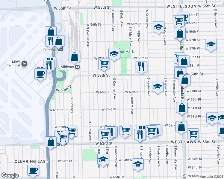 map of restaurants, bars, coffee shops, grocery stores, and more near 6001 South Kenneth Avenue in Chicago