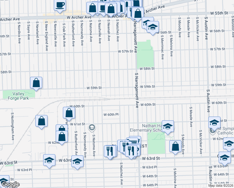 map of restaurants, bars, coffee shops, grocery stores, and more near 5930 South Natchez Avenue in Chicago