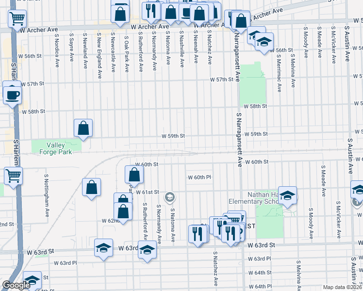 map of restaurants, bars, coffee shops, grocery stores, and more near 5931 South Nashville Avenue in Chicago