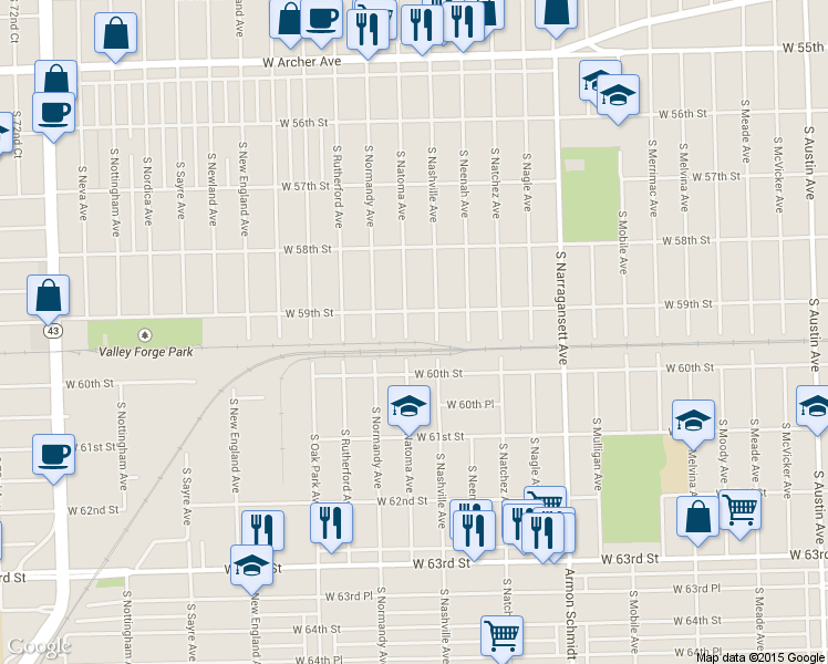 map of restaurants, bars, coffee shops, grocery stores, and more near 5925 South Natoma Avenue in Chicago