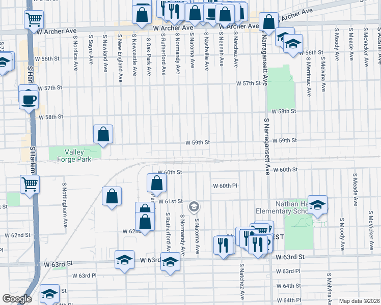 map of restaurants, bars, coffee shops, grocery stores, and more near 5925 South Natoma Avenue in Chicago