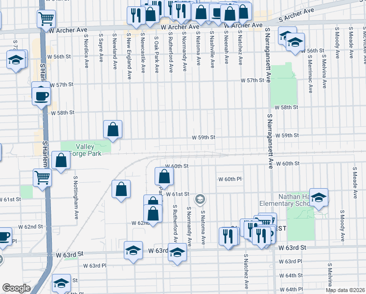 map of restaurants, bars, coffee shops, grocery stores, and more near 5927 South Oak Park Avenue in Chicago