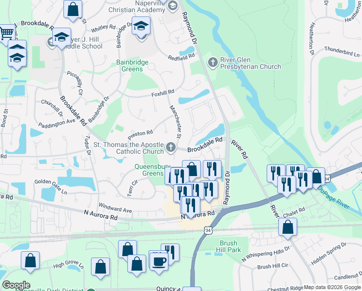map of restaurants, bars, coffee shops, grocery stores, and more near 1500 Brookdale Road in Naperville