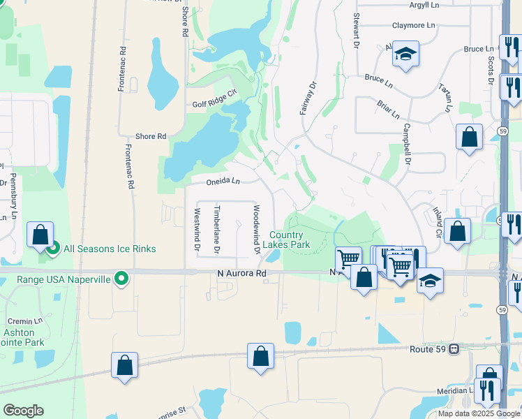 map of restaurants, bars, coffee shops, grocery stores, and more near 807 Woodewind Drive in Naperville