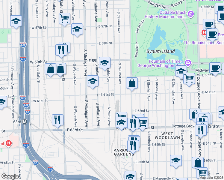 map of restaurants, bars, coffee shops, grocery stores, and more near 312 East 61st Street in Chicago