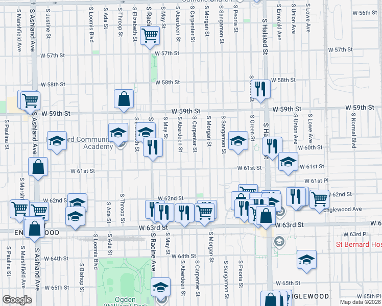map of restaurants, bars, coffee shops, grocery stores, and more near 6034 South Carpenter Street in Chicago