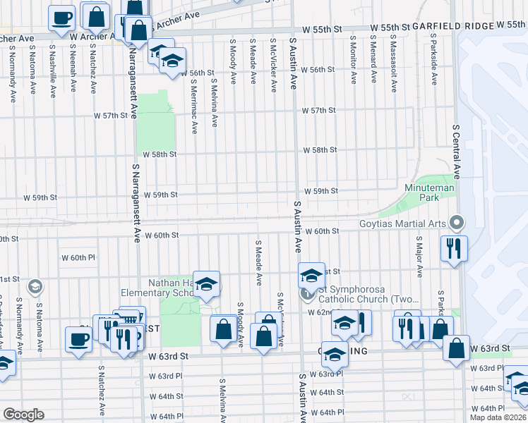 map of restaurants, bars, coffee shops, grocery stores, and more near 5931 South Meade Avenue in Chicago