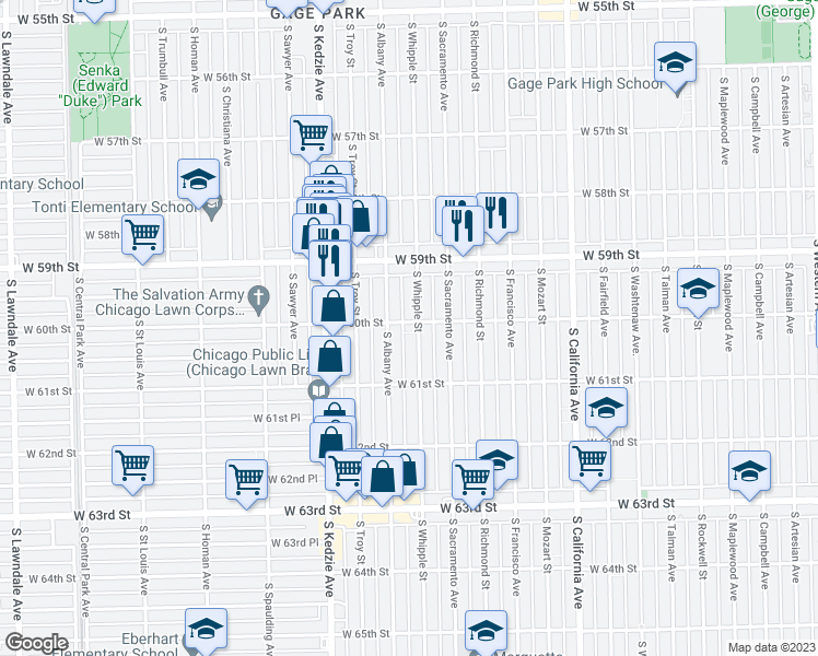 map of restaurants, bars, coffee shops, grocery stores, and more near 6000 South Whipple Street in Chicago