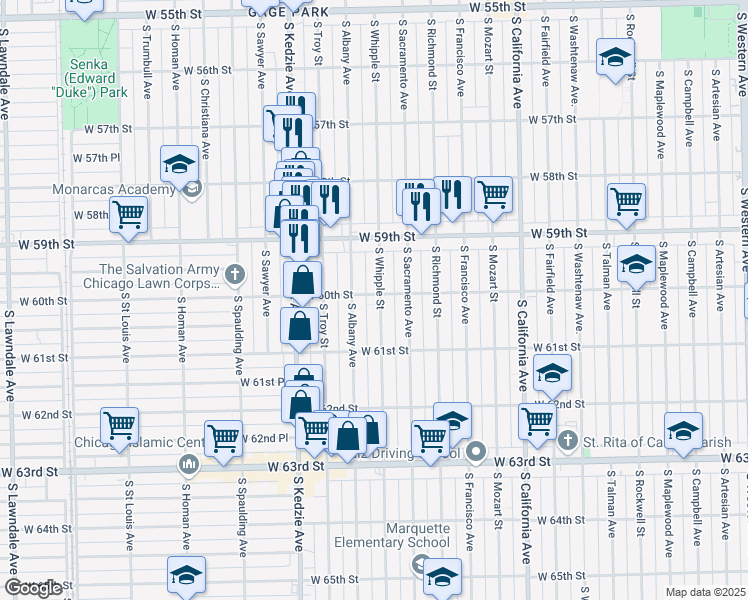 map of restaurants, bars, coffee shops, grocery stores, and more near 6002 South Whipple Street in Chicago