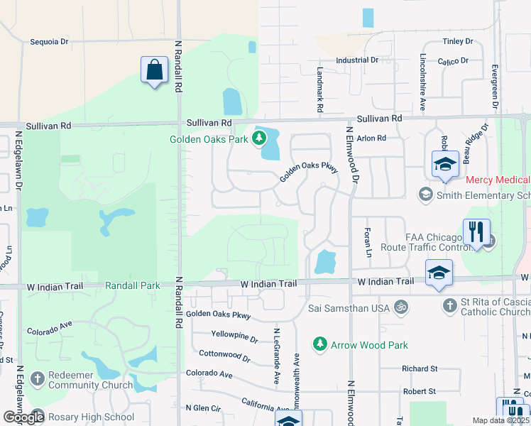map of restaurants, bars, coffee shops, grocery stores, and more near 1170 Red Oak Trail in Aurora