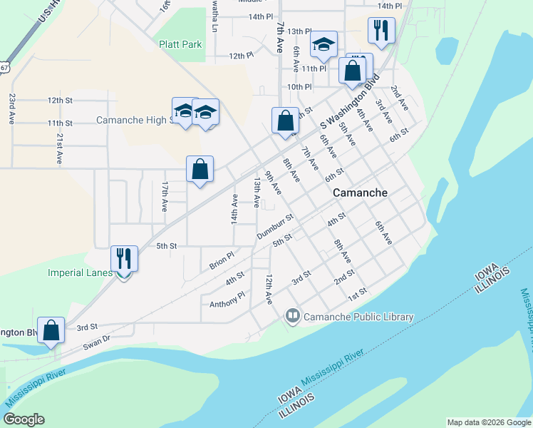 map of restaurants, bars, coffee shops, grocery stores, and more near 900 Dunnburr Street in Camanche