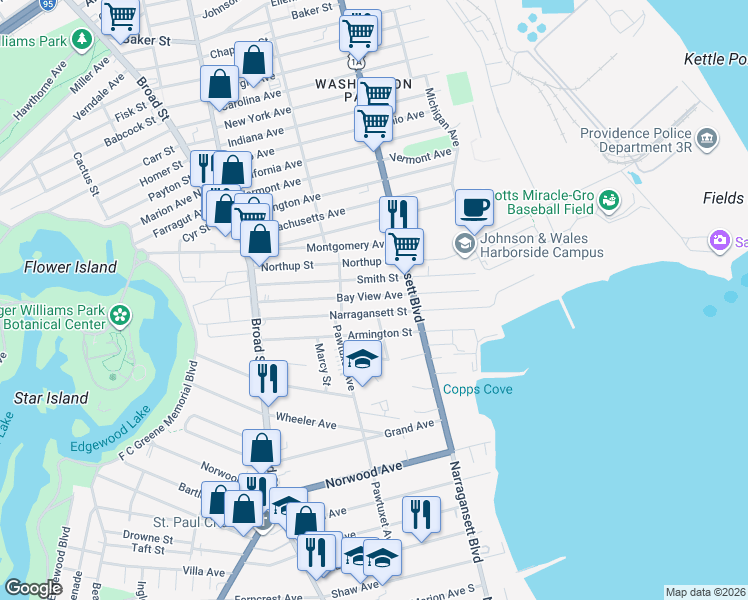 map of restaurants, bars, coffee shops, grocery stores, and more near 165 Narragansett Street in Cranston