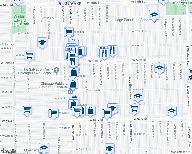 map of restaurants, bars, coffee shops, grocery stores, and more near 6001 South Whipple Street in Chicago