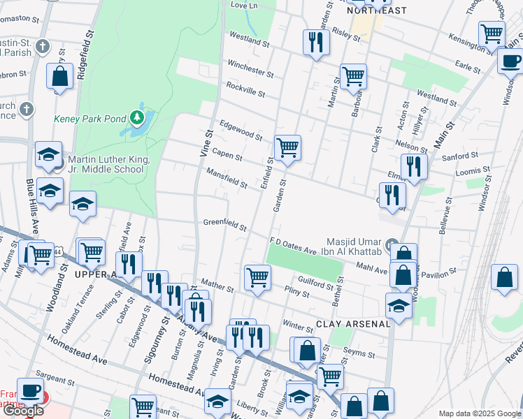 map of restaurants, bars, coffee shops, grocery stores, and more near 114 Enfield Street in Hartford