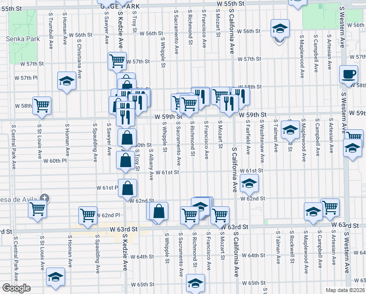 map of restaurants, bars, coffee shops, grocery stores, and more near 6001 South Sacramento Avenue in Chicago