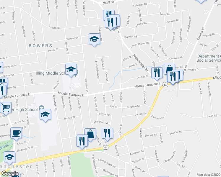 map of restaurants, bars, coffee shops, grocery stores, and more near 345 Middle Turnpike East in Manchester