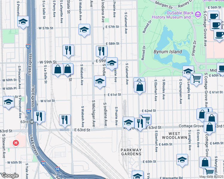 map of restaurants, bars, coffee shops, grocery stores, and more near 6052 South Prairie Avenue in Chicago