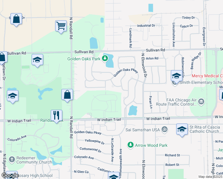 map of restaurants, bars, coffee shops, grocery stores, and more near 1170 Red Oak Trail in Aurora