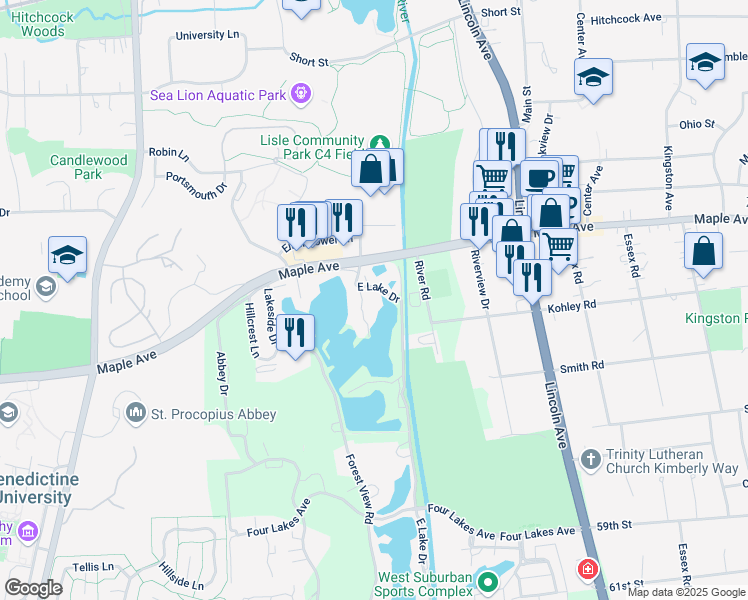 map of restaurants, bars, coffee shops, grocery stores, and more near 5516 East Lake Drive in Lisle