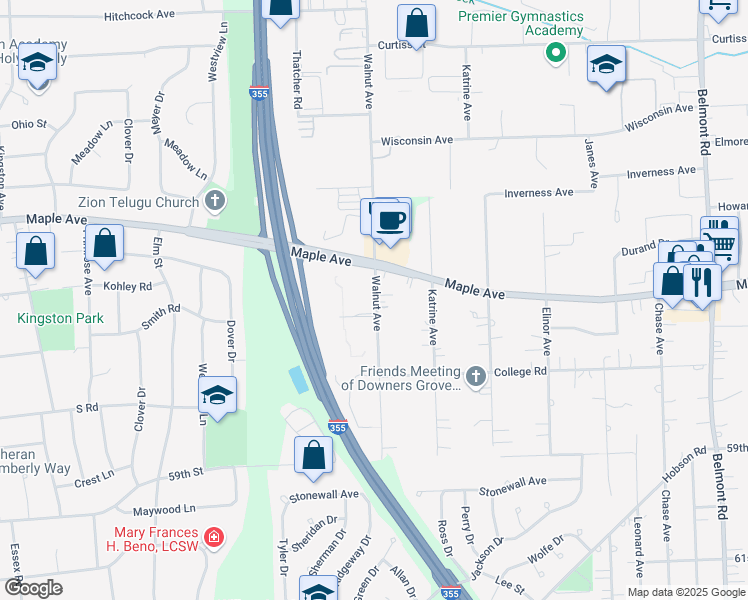 map of restaurants, bars, coffee shops, grocery stores, and more near 5612 Walnut Avenue in Downers Grove
