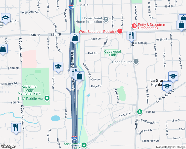 map of restaurants, bars, coffee shops, grocery stores, and more near 1114 Oak Lane in Western Springs