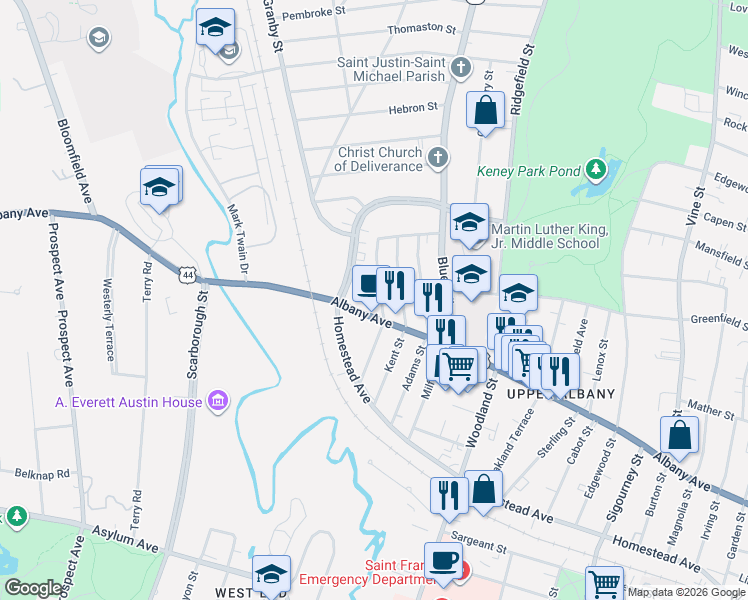 map of restaurants, bars, coffee shops, grocery stores, and more near 1496 Albany Avenue in Hartford