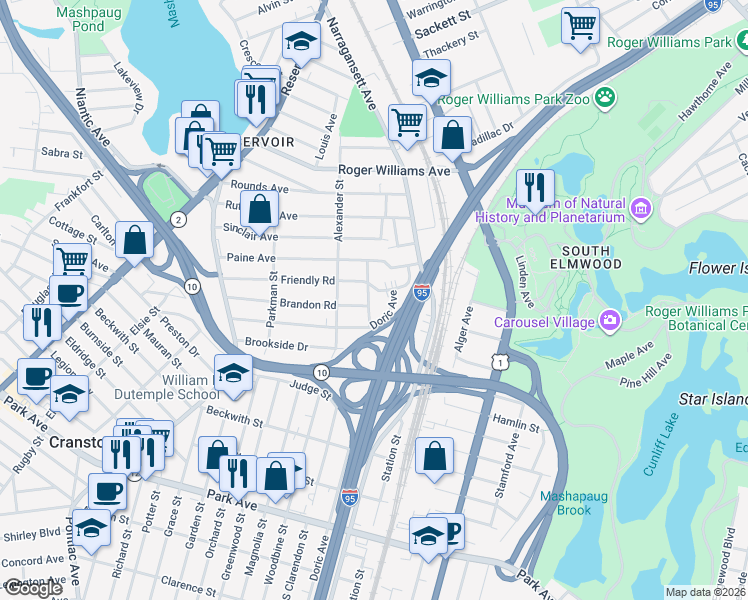 map of restaurants, bars, coffee shops, grocery stores, and more near 113 Brandon Road in Cranston