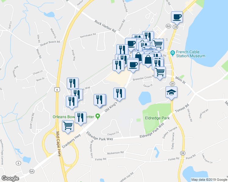 map of restaurants, bars, coffee shops, grocery stores, and more near 148 Route 6A in Orleans