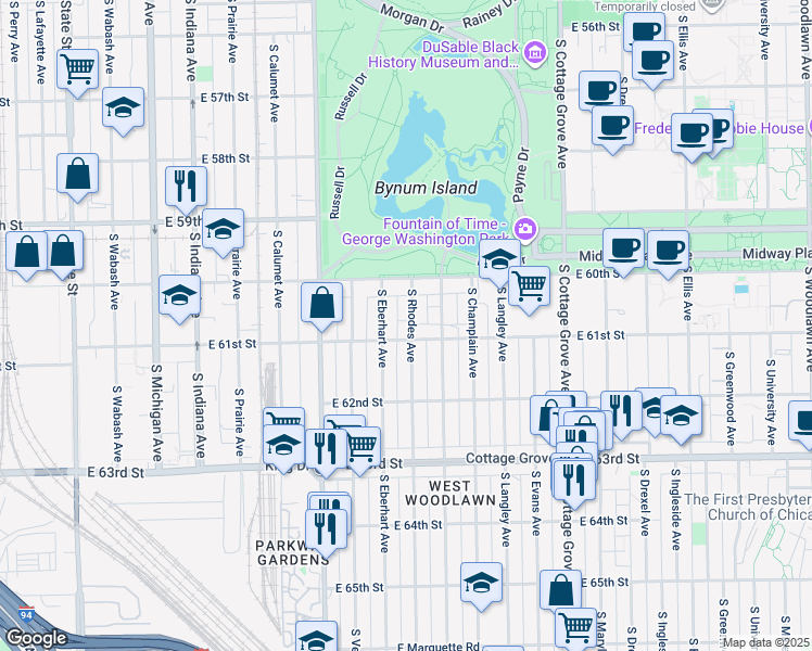 map of restaurants, bars, coffee shops, grocery stores, and more near 6105 South Rhodes Avenue in Chicago