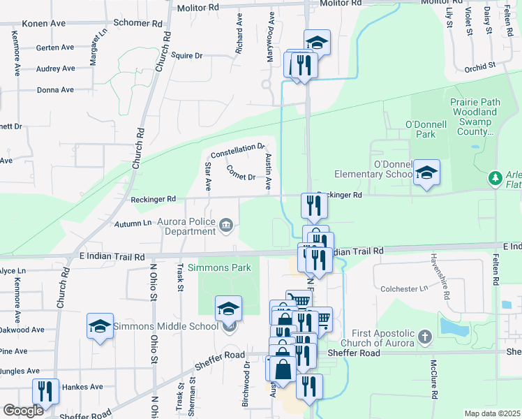 map of restaurants, bars, coffee shops, grocery stores, and more near 1301 Reckinger Road in Aurora