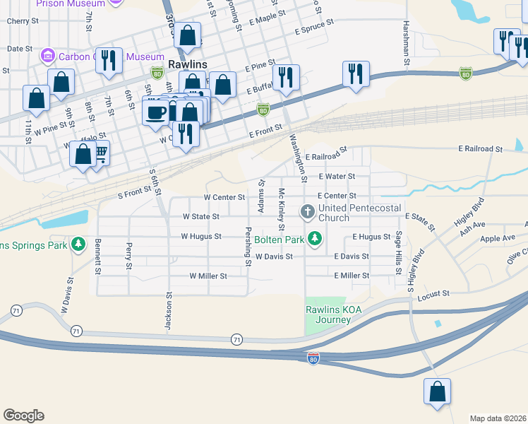 map of restaurants, bars, coffee shops, grocery stores, and more near 200-298 W State St in Rawlins