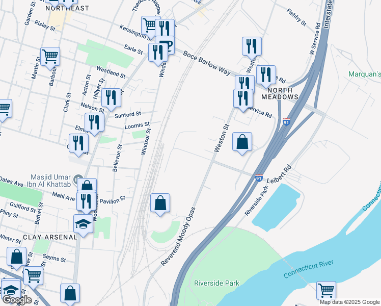 map of restaurants, bars, coffee shops, grocery stores, and more near 10 New Road in Hartford
