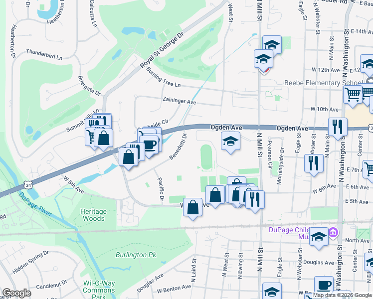 map of restaurants, bars, coffee shops, grocery stores, and more near 896 Benedetti Drive in Naperville