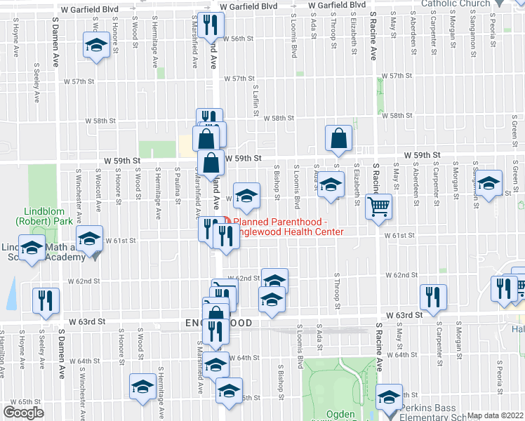 map of restaurants, bars, coffee shops, grocery stores, and more near 6019 South Laflin Street in Chicago