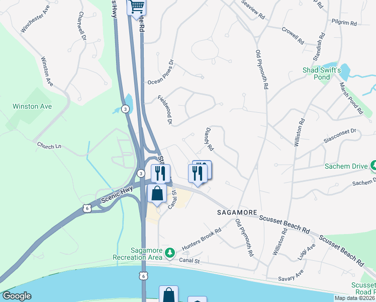 map of restaurants, bars, coffee shops, grocery stores, and more near 11 Andrew Road in Bourne