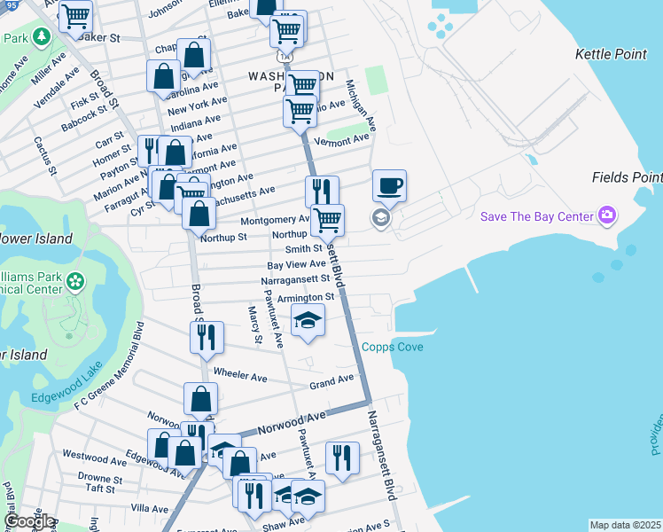 map of restaurants, bars, coffee shops, grocery stores, and more near 1080 Narragansett Boulevard in Cranston