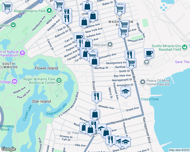 map of restaurants, bars, coffee shops, grocery stores, and more near 1576 Broad Street in Cranston