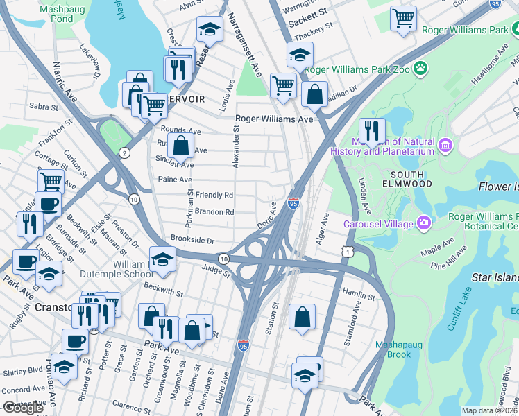 map of restaurants, bars, coffee shops, grocery stores, and more near 113 Brandon Road in Cranston