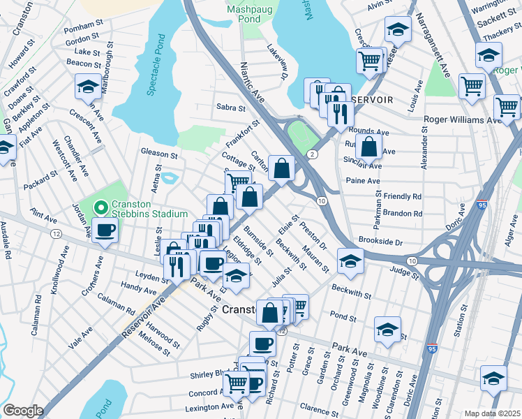 map of restaurants, bars, coffee shops, grocery stores, and more near 337 Beckwith Street in Cranston