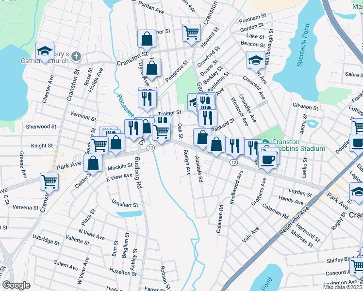 map of restaurants, bars, coffee shops, grocery stores, and more near 1278 Park Avenue in Cranston