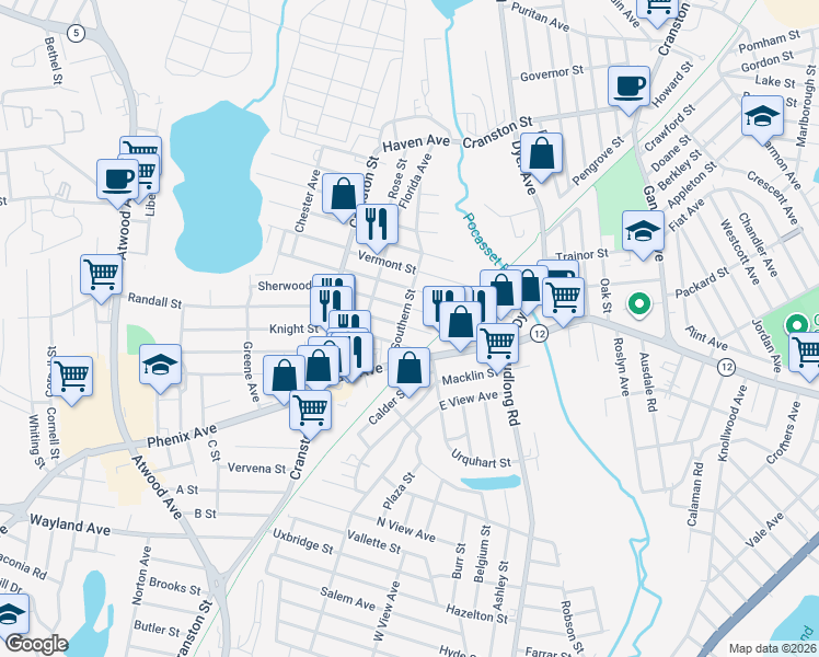 map of restaurants, bars, coffee shops, grocery stores, and more near 163 Southern Street in Cranston