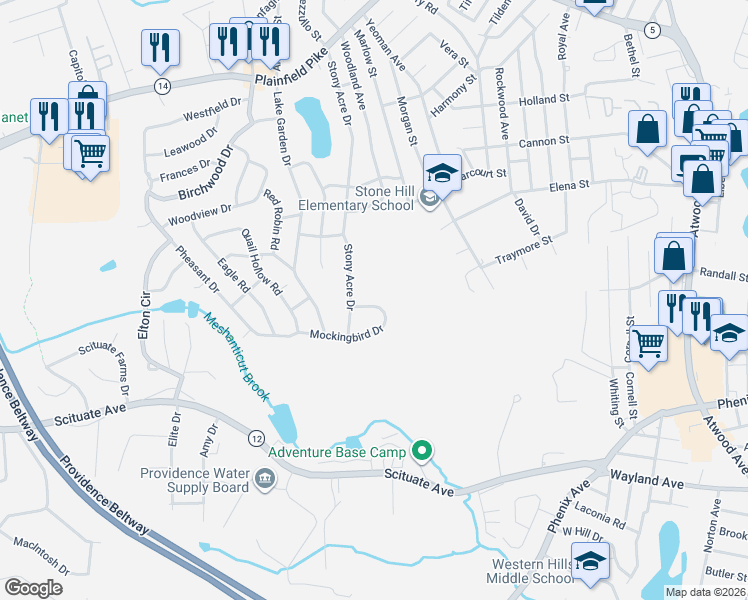 map of restaurants, bars, coffee shops, grocery stores, and more near 290 Stony Acre Drive in Cranston