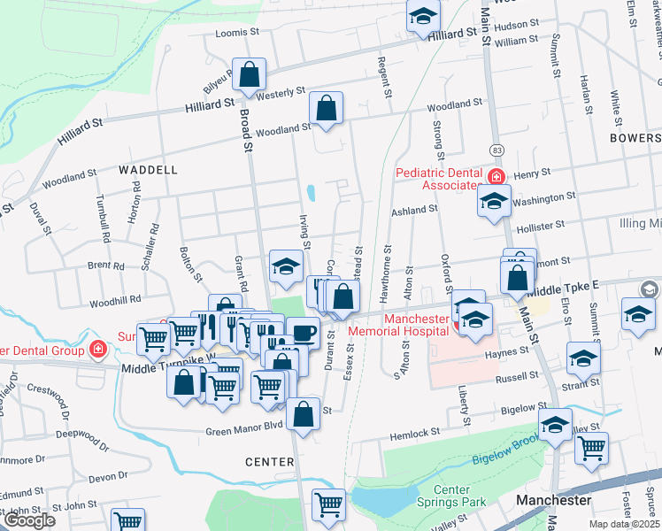 map of restaurants, bars, coffee shops, grocery stores, and more near 55 Irving Street in Manchester