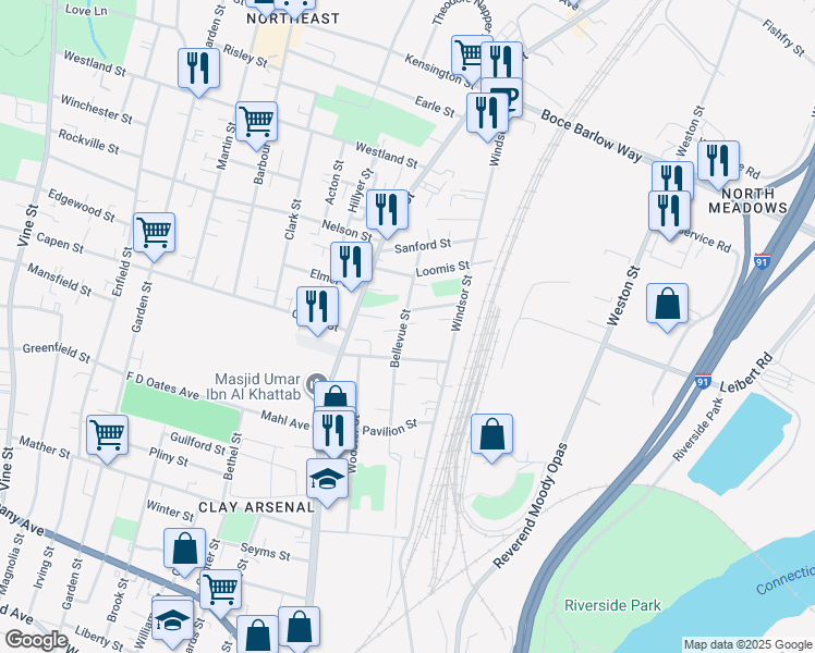 map of restaurants, bars, coffee shops, grocery stores, and more near 619 Windsor Street in Hartford