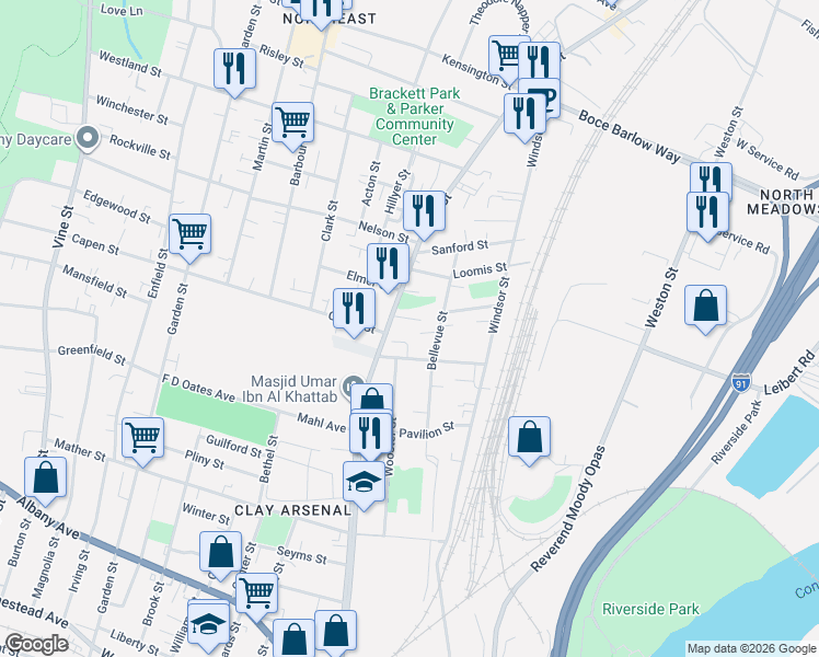 map of restaurants, bars, coffee shops, grocery stores, and more near 269 Bellevue Street in Hartford