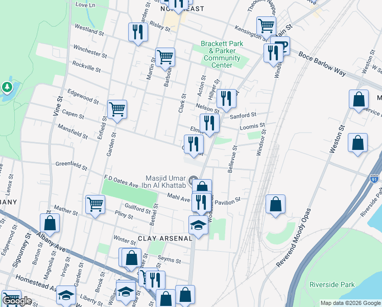 map of restaurants, bars, coffee shops, grocery stores, and more near 2145 Main Street in Hartford